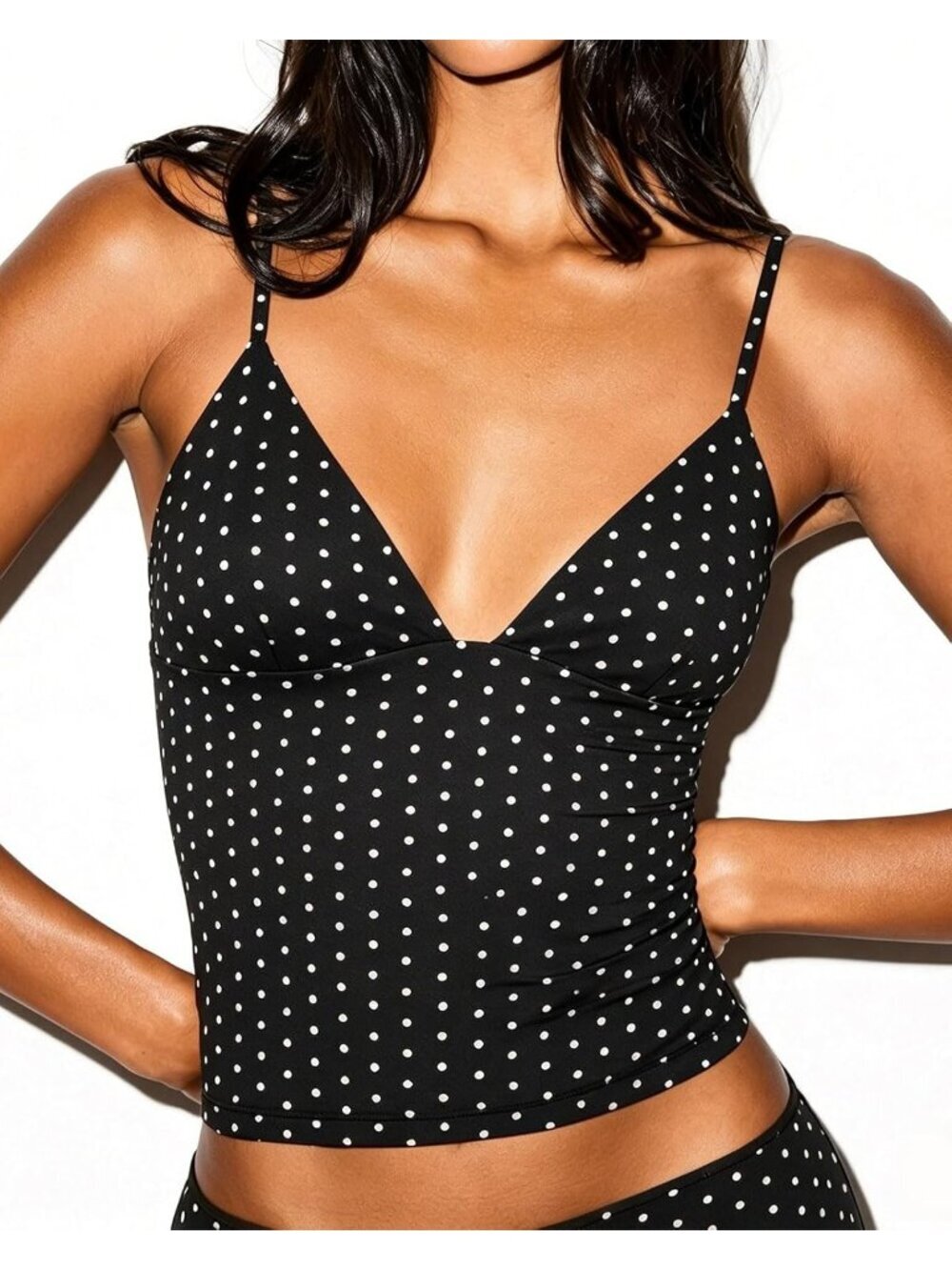 Women's Black Dots Sleeveless V Neck Double Layer Slim Fitted Imported Tank Top